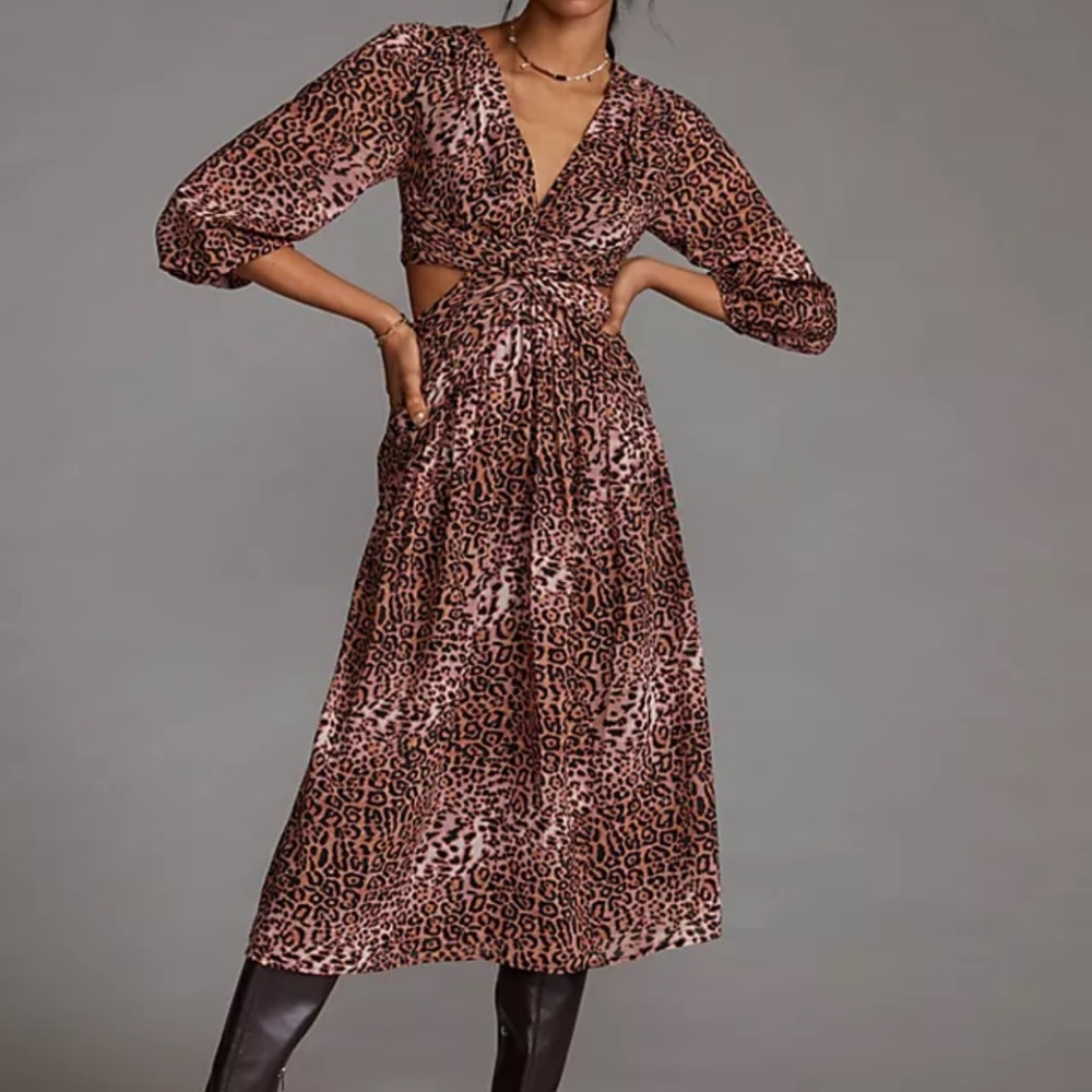 NWT Ranna Gill Anthropologie Leopard Animal Print Cutout Midi Dress Small S XS